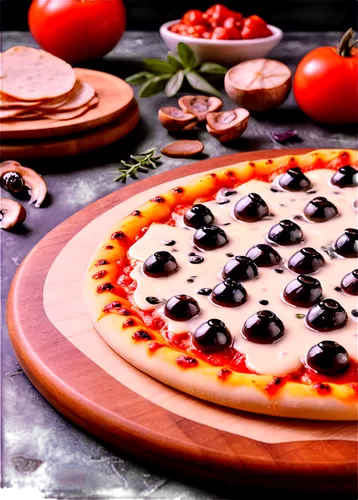 Italian pizza, circular shape, melted mozzarella cheese, fresh tomato sauce, various toppings (pepperoni, mushrooms, olives), crispy crust edge, wooden cutting board, warm lighting, shallow depth of f