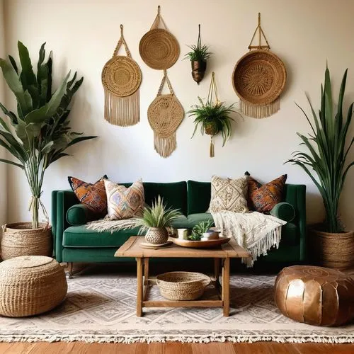 bohemian chic interior, Anthropologie style, luxurious velvet sofa, macrame wall hanging, natural woven basket, distressed wood coffee table, Moroccan-inspired tile floor, lush greenery, pampas grass,