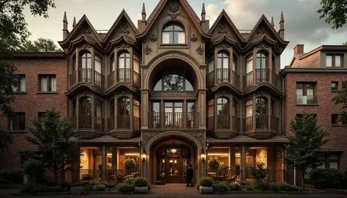 Ornate social housing facade, pointed arches, ribbed vaults, flying buttresses, grandiose entrance, intricate stone carvings, stained glass windows, ornamental gargoyles, weathered brick walls, steepl