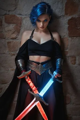 swordswoman,cosplay image,katana,lightsaber,jedi,female warrior,maul,darth talon,cosplay,cosplayer,darth maul,dark side,vader,beautiful girls with katana,blue enchantress,laser sword,winterblueher,mara,dark elf,fierce,Unique,Design,Knolling