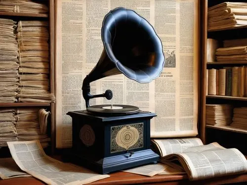 复古留声机旧报纸,a vintage black record player and speakers with old books,gramophone,the gramophone,gramophone record,phonograph,the phonograph,graphophone,Illustration,Retro,Retro 07