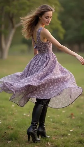 The person in the image is wearing a flowing purple floral dress that billows as she spins, creating a dynamic and graceful silhouette. The dress appears to be sleeveless and falls to mid-thigh. The d