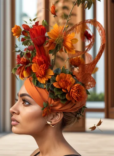 flower hat,headpiece,autumn wreath,girl in a wreath,headdress,spring crown,beautiful bonnet,floral wreath,autumn decor,blooming wreath,autumn bouquet,tiger lily,wreath of flowers,crown marigold,floral silhouette wreath,autumn theme,indian headdress,feather headdress,orange blossom,summer crown