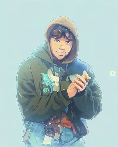 parka,mako,camera illustration,bomber,teal digital background,anime boy,bird robin,cyan,camera drawing,scout,drone operator,kawaii boy,robin egg,carrier pigeon,winter clothing,green jacket,robin,clover jackets,winter clothes,stylish boy,Common,Common,Japanese Manga