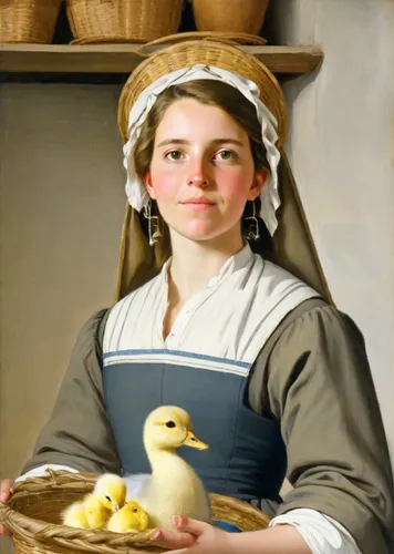 A picturesque portrait of a young blond peasant woman with gray eyes in the style of painting by Diego Velazquez. The woman is wearing a white Dutch headdress. In her hands she holds a basket with sma