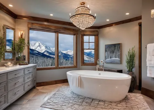 Snow-covered peaks greet you at this luxurious transitional bathroom [Design: Anne Grice Interiors],luxury bathroom,bathtub,luxury home interior,alpine style,tub,modern minimalist bathroom,bathtub acc