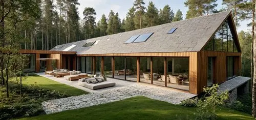 an image of modern house in the woods,grass roof,timber house,forest house,folding roof,passivhaus,slate roof,Photography,General,Natural