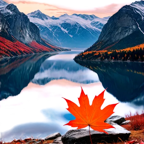 Maple leaf, Canadian flag, majestic mountains, serene lakes, rocky cliffs, autumn foliage, snow-capped peaks, misty morning, soft warm light, panoramic view, 3/4 composition, vibrant color tone, cinem