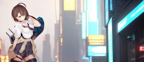 Neon Blue Backround, Cyberpunk,an anime character is in the middle of a city,akiba,akihabara,shibuya,shinjuku,kabukicho,shumeiko,meiko,rebiya,nukaga,tsukiko,makoto,kitami,ikebukuro,satsuki,mmd,sento,k