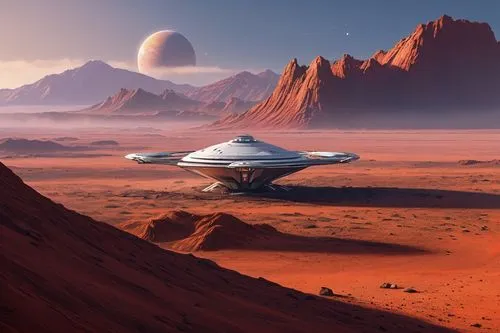 saucer,futuristic landscape,farpoint,starship,alien ship,red planet,homeworlds,extraterrestrial life,voyager,extrasolar,sci fiction illustration,interplanetary,spaceship,homeworld,saturnian,flying saucer,ufo,centauri,voyagers,martian,Conceptual Art,Sci-Fi,Sci-Fi 21