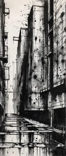 destroyed city,warehouses,ink painting,black city,grundriss,urban landscape,post-apocalyptic landscape,city scape,alleyway,shinkawa,scampia,hashima,blind alley,industrial landscape,sidestreet,richter,dilapidation,urbanworld,rone,neuromancer,Illustration,Black and White,Black and White 34