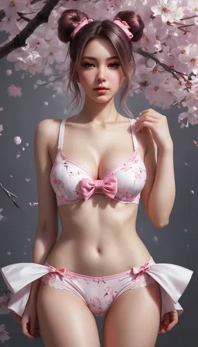 front view, beautiful pink panties with beautiful white bows with cherry blossoms, double ponytail,japanese sakura background,sakura blossom,sakura blossoms,pink cherry blossom,sakura background,sakur