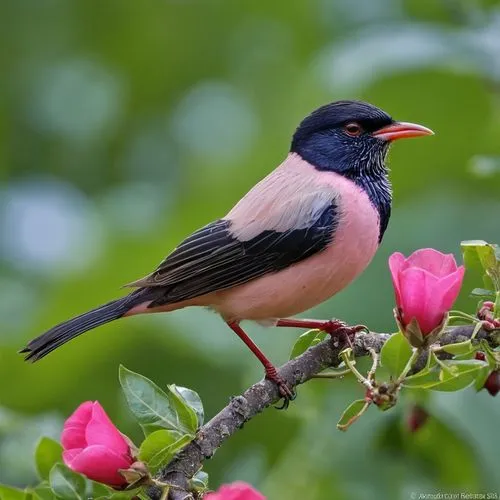 pink robin,pied starling,pied myna,eurasian bullfinch,male finch,swallow,beautiful bird,bird flower,aracama,spring bird,song bird,grosbeak,bullfinch,java finch,passerine bird,bull finch,european starling,myna,rose breasted grosbeak,ruby throated,Photography,General,Realistic