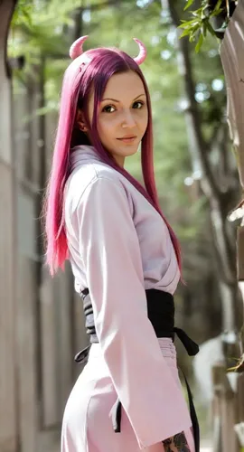 Long pink hair with little horns, half demon tattoed girl in Jujutsu Kaisen ,harajuku,cosplay image,ammo,anime japanese clothing,ganmodoki,jin deui,anime 3d,japanese idol,japanese kawaii,olallieberry,