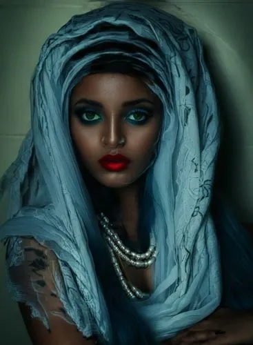 a woman is wearing blue and her hair is styled with a shawl,tuareg,eritrean,lumidee,dupatta,ethiopian girl,nigerien,Illustration,Realistic Fantasy,Realistic Fantasy 46