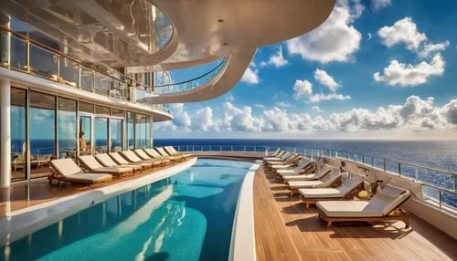 Luxury cruise ship, futuristic architecture, sleek white lines, massive glass windows, majestic grand staircase, opulent chandeliers, marble flooring, lavish furnishings, VIP lounge, rooftop pool, sun