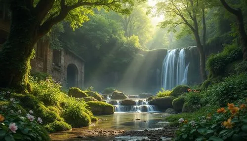 green waterfall,nature wallpaper,waterfalls,waterfall,water fall,rivendell,beautiful landscape,fantasy landscape,nature landscape,a small waterfall,fairytale forest,nature background,natural scenery,fantasy picture,landscapes beautiful,brown waterfall,water falls,cascading,full hd wallpaper,beauty in nature,Photography,General,Realistic