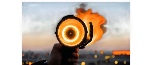 Flaming fire, orange-yellow flames, smoke rising, photography equipment, camera lens, DSLR, photographer's hand holding camera, flash lighting, dramatic composition, shallow depth of field, warm color