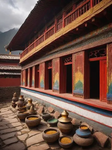 Bama traditional Tibetan, ancient, mysterious, intricate carvings, vibrant colors, golden roofs, red walls, white windows, ornate doorways, prayer flags, incense burners, peaceful courtyard, surrounde