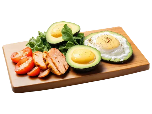 Keto diet, food photography, high-fat low-carb, healthy meal, fresh vegetables, grilled meat, avocado slices, eggs benedict, salmon fillet, cauliflower rice, cherry tomatoes, olive oil drizzle, wooden