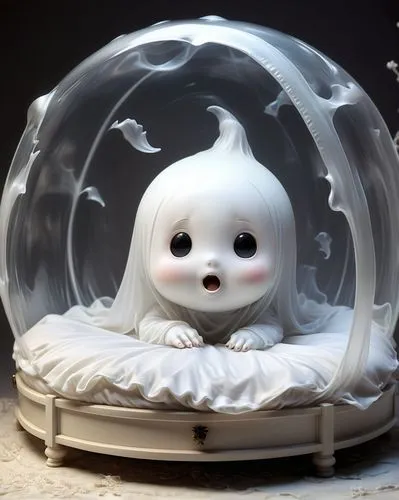 "a graceful cute chibi ghost, white, translucent. lies in his cute bed. photorealistic. movement",snow globe,snowhotel,baby bed,infant bed,room newborn,cocoon,snow globes,infant,snowglobes,snowball,ba