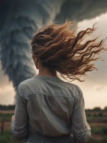 a woman facing a tornado, strong wind, blows clothes and hair, intricate, 8k,little girl in wind,tornado,nature's wrath,tornado drum,apocalypse,whirlwind,twister,thunderhead,thundercloud,atmospheric p