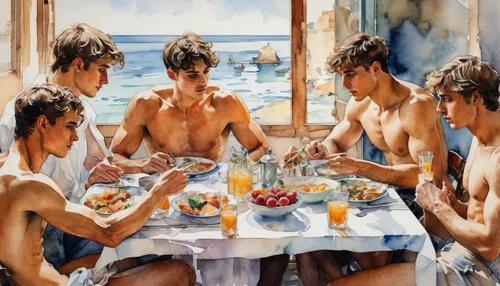 breakfast table,beach restaurant,watercolor cafe,italian painter,breakfast on board of the iron,aperitif,lido di ostia,sicilian cuisine,social group,summer day,sailors,beach bar,acqua pazza,ouzo,art painting,island group,breakfast hotel,summer feeling,oil painting,positano,Illustration,Paper based,Paper Based 25