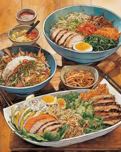 Craft a funny dialogue between two friends arguing over the best toppings to have on their donburi bowls.,bibimbap,noodle bowl,korean cuisine,korean chinese cuisine,tibetan bowls,filipino cuisine,viet