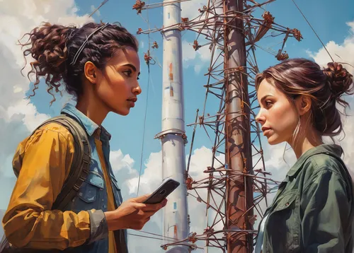 Create a dialogue between two characters discussing the importance of a transmission mast.,sci fiction illustration,connected,connections,connected world,travelers,world digital painting,oil painting 