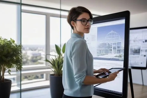 Modern female architect, 25yo, short hair, glasses, business casual attire, holding tablet and stylus, standing in front of a large screen displaying website wireframes, minimalist white background, n