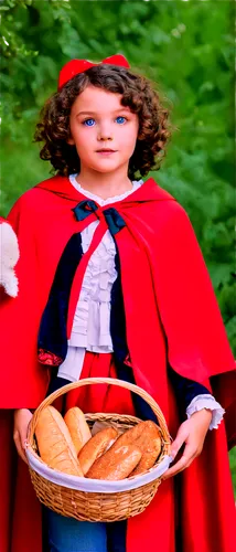 Little Red Riding Hood, European-style fairy tale character, sweet innocent face, rosy cheeks, bright blue eyes, curly brown hair, red cloak with white fur trim, holding a basket of fruits and bread, 