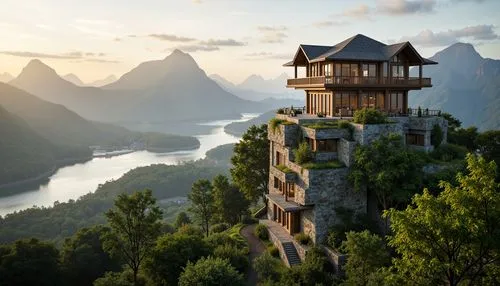 tree house hotel,lookout tower,house in mountains,watch tower,house in the mountains,wudang,tigers nest,tailandia,treehouses,tree house,hanging houses,treehouse,observation tower,mountain settlement,amanresorts,guilin,eyrie,rivendell,halong,cliffside