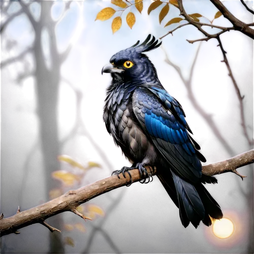 Nocturnal bird, solo, dark background, moonlight, wings spread wide, perched on branch, sharp talons, black feathers with blue sheen, glowing yellow eyes, beak open in song, misty atmosphere, soft foc