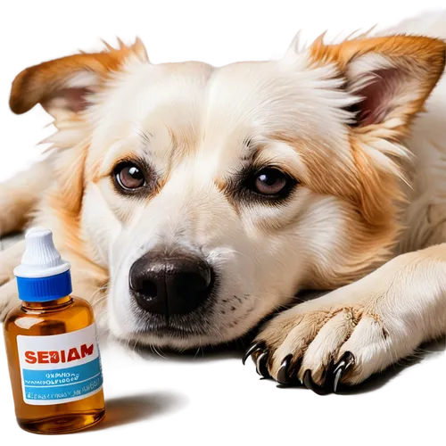 Sick dog, lying down, weak body, dull eyes, wet nose, dry mouth, messy fur, worn-out collar, medicine bottle nearby, white background, close-up shot, shallow depth of field, warm lighting, realistic t