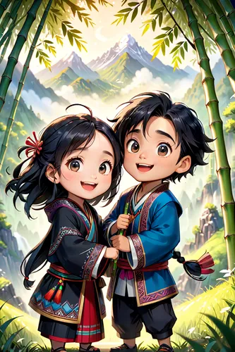 girl and boy outdoor,game illustration,yamada's rice fields,bamboo forest,hiyayakko,rice terraces,happy children playing in the forest,mindanao,rice paddies,cute cartoon image,danyang eight scenic,hawaii bamboo,android game,forest background,landscape background,lilo,mobile game,monsoon banner,competition event,kimjongilia,Anime,Anime,Cartoon