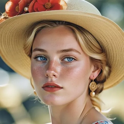 Close-up portrait of a young woman with striking features, displaying a thoughtful or introspective expression. Her face is highlighted by bright blue eyes, red lipstick, and delicate freckles dusting