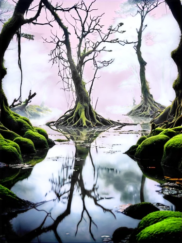 swampy landscape,cartoon video game background,swamps,moss landscape,cartoon forest,elfland,elven forest,forest landscape,brook landscape,virtual landscape,fantasy landscape,swamp,nature background,fairy forest,landscape background,blackmoor,tree grove,fractal environment,mushroom landscape,forest glade,Illustration,Japanese style,Japanese Style 04