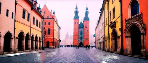 Old Town Krakow, Poland, medieval architecture, colorful buildings, Gothic spires, cobblestone streets, vibrant market square, St. Mary's Basilica, Cloth Hall, morning mist, soft sunlight, 3/4 composi