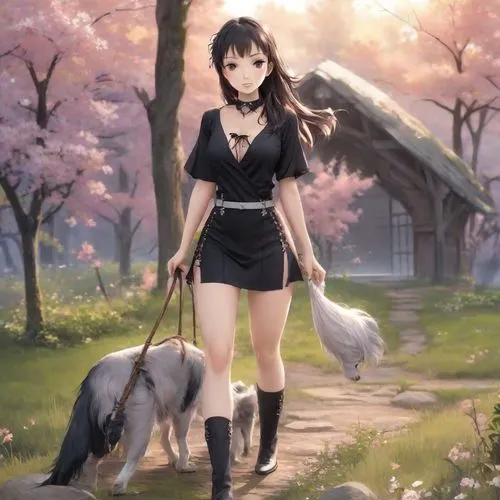 black shepherd,inu,japanese sakura background,sakura background,tifa,tsukiko