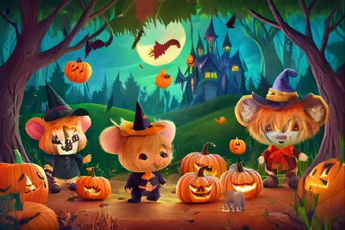 An animated video showing a kitten, a puppy, a mouse dressed as a pumpkin, and a miniature elephant wearing a witch's hat walking together through an enchanted forest. The animation should show the an