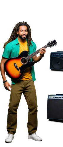 Reggae musician, Jamaican style, dreadlocks hair, colorful shirt, guitar playing, relaxed pose, studio setting, warm lighting, shallow depth of field, vinyl records background, speaker system, headpho