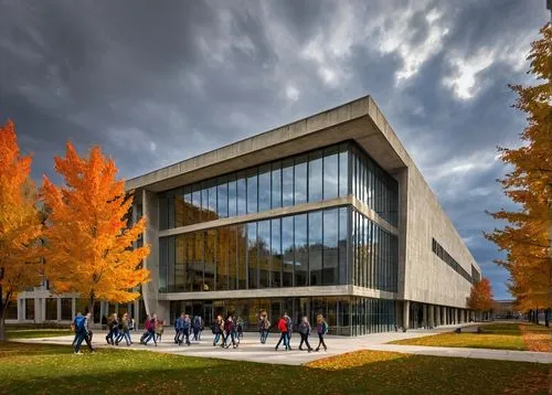 University of Buffalo, architectural building, modern design, Brutalist style, concrete structure, glass facade, steel beams, angular lines, geometric shapes, natural light pouring in through windows,