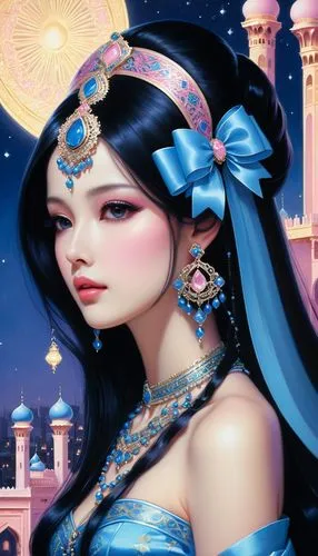 oriental princess,rem in arabian nights,sheherazade,oriental girl,jasmine,persia,Illustration,Realistic Fantasy,Realistic Fantasy 08