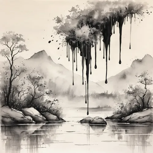 swampy landscape,ink painting,river landscape,foggy landscape,chinese art,black landscape,landscape background,forest landscape,weeping willow,lake tanuki,autumn fog,fantasy landscape,water scape,watercolor background,backwater,cave on the water,mushroom landscape,wuyi,an island far away landscape,japanese art,Illustration,Black and White,Black and White 34