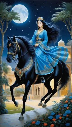 night, gardens in an arabian palace, a princess in a blue arabian dress with jewels rides a black horse in the dark, his mane fluttering in the wind,the painting of the lady riding a horse near trees,