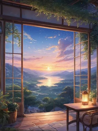 landscape background,evening atmosphere,romantic scene,ocean view,bedroom window,summer evening,window to the world,japanese-style room,window with sea view,dusk background,romantic night,window curtain,beauty scene,window view,home landscape,scenery,fantasy landscape,window sill,background screen,the horizon,Photography,General,Natural