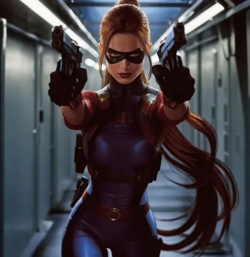 a lady with guns stands in a corridor,madelyne,bulletgirl,brigette,asuka langley soryu,villainess,animatrix,Illustration,American Style,American Style 04