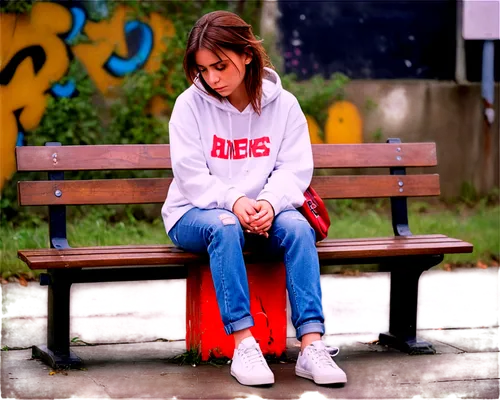 Lonely person, solo, melancholic expression, tears in eyes, messy brown hair, worn-out jeans, white hoodie, sneakers, sitting on bench, hands holding knees, gloomy atmosphere, soft focus, cinematic li