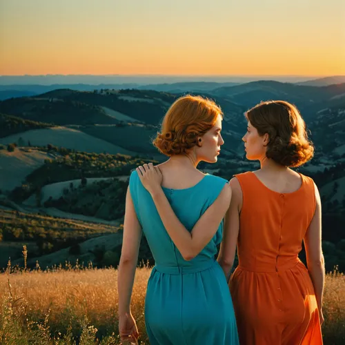 Coralie et Collette marchent vers le coucher du soleil.,vintage girls,redheads,teal and orange,sound of music,beautiful photo girls,two girls,vintage women,vintage man and woman,vintage boy and girl,r