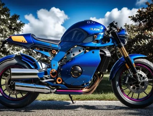 a blue motorcycle parked on the side of the road,mignoni,blue motorcycle,cafe racer,bultaco,laverda,triumph street cup,Photography,General,Realistic